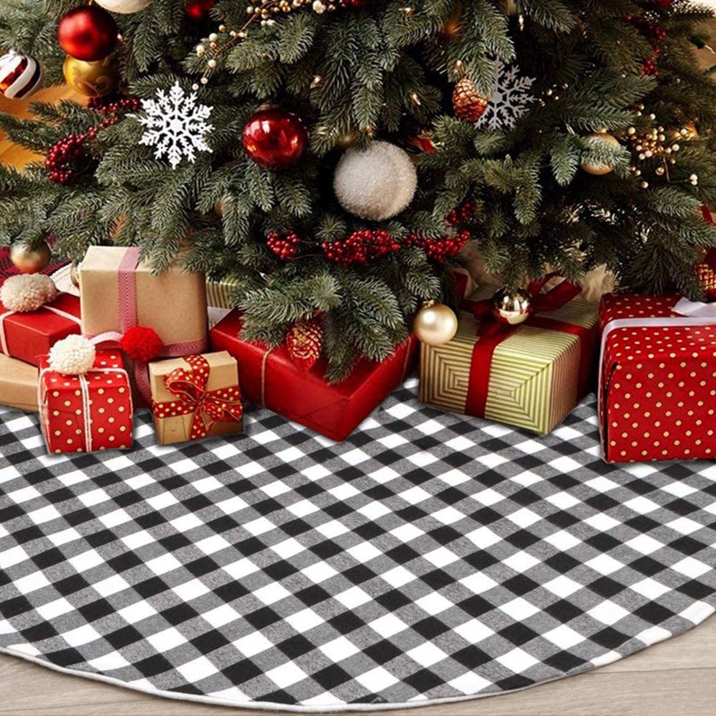 CHICHIC 48 Inch Buffalo Plaid Tree Skirt Christmas Tree Skirt Buffalo Check Tree Skirt Black and White Buffalo Plaid Tree Skirt Xmas Double Layers for Christmas Party Decorations Holiday Ornaments