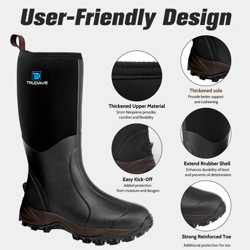 Trudave Rubber Boots for Men & Women with Steel Shank, Reliable 6mm Neoprene Waterproof Insulated Rain Boots, Warm Anti-slip High Traction Multi-season Dry Mud Boot for Outdoor Work Hunting, Size 8 - Image 3