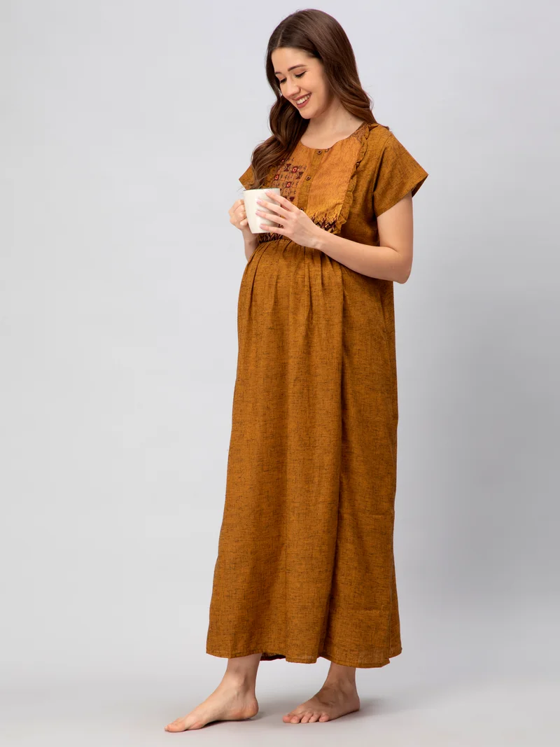 CEE 18 Pre & Post Maternity Wear - Nursing Nursing Nighty - Maxi with Zippers for Easy Feeding(Magnetic Mustard)