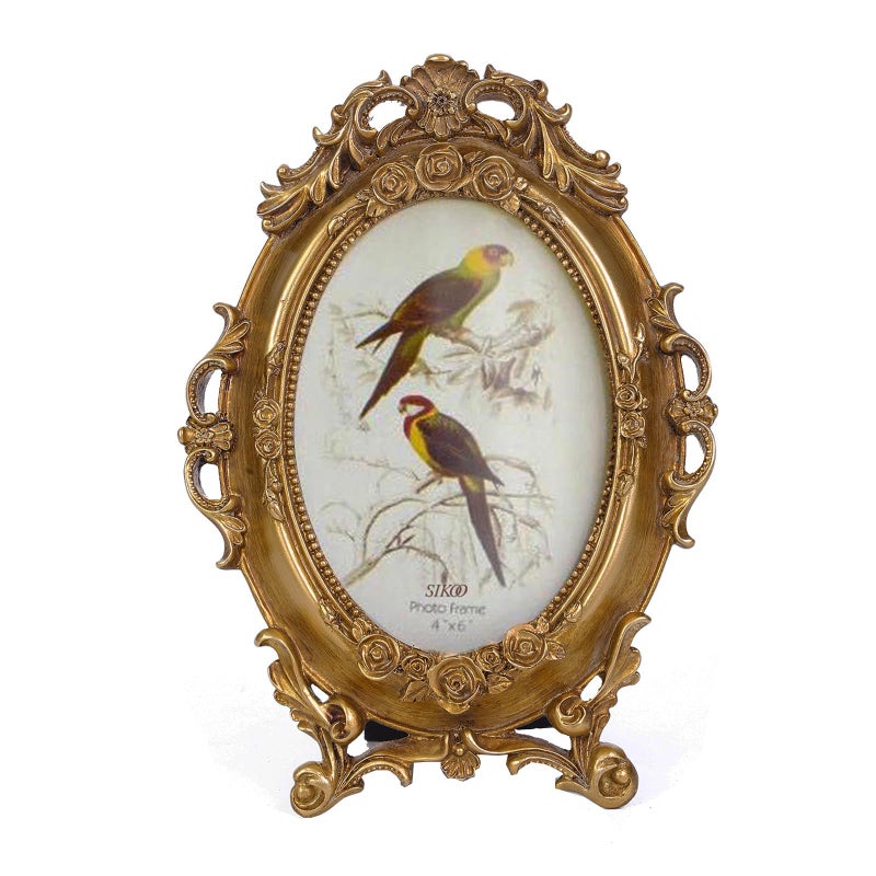 SIKOO Vintage Ornate 4x6 Gold Picture Frame Oval Antique TableTop Wall Mounting Photo Frame with High Definition Glass Front for Home Decor, Old-Fashioned Photo Gallery, Art,Gold