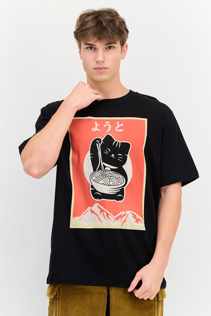 YOTO Men Crew Neck Short Sleeves Graphic Print T-Shirt, Black - Image 1