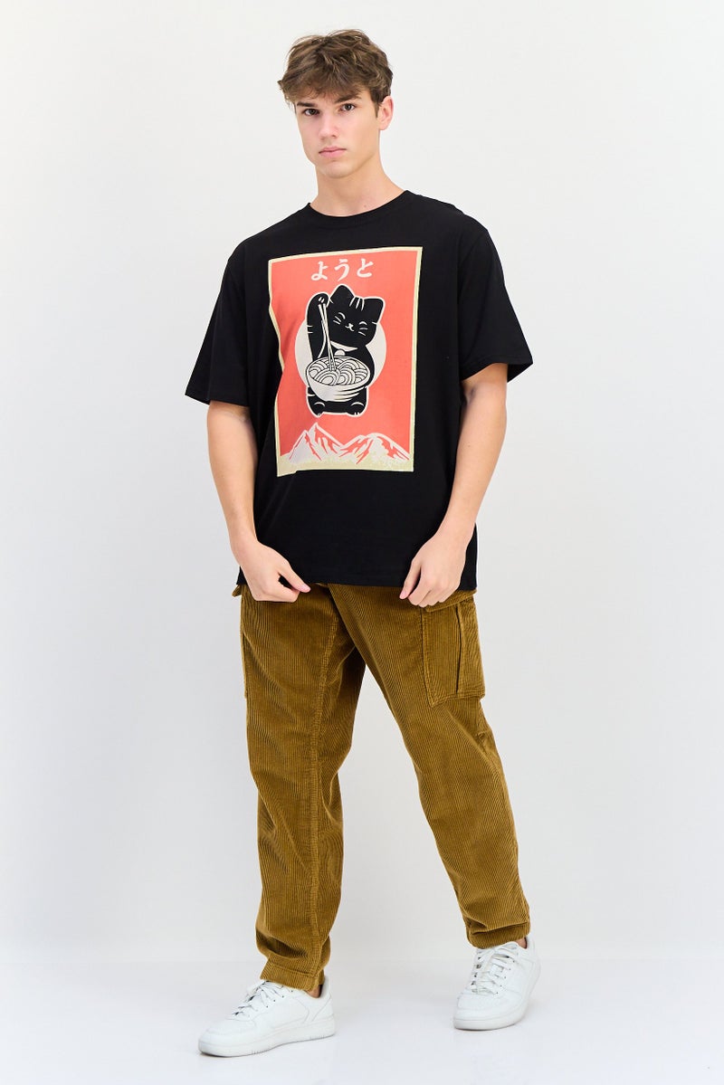 YOTO Men Crew Neck Short Sleeves Graphic Print T-Shirt, Black - Image 2