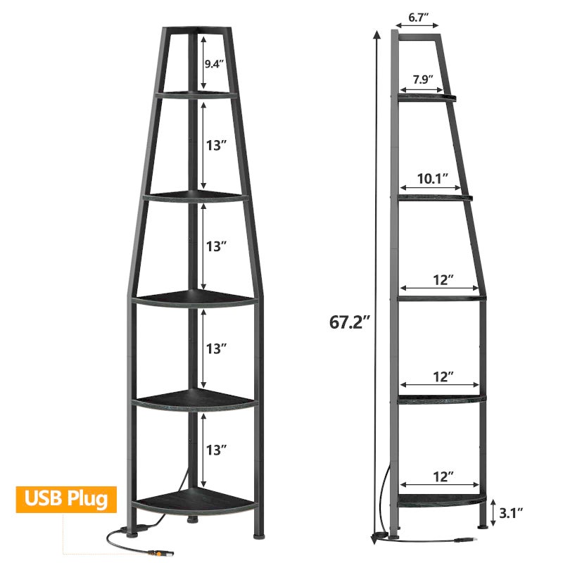 Furnulem 5 Tier Corner Shelf with LED Light, 67.2â€ Tall Standing Shelf for Wall Corner, Narrow Bookshelf Ladder Shelf for Bedroom, Living Room, Plant, Wood Storage Rack, Metal Frame (Black Oak) - Image 2