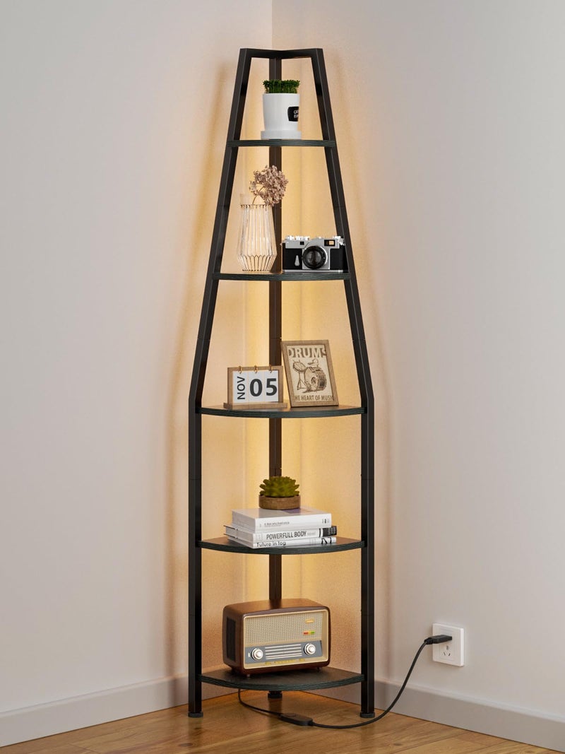 Furnulem 5 Tier Corner Shelf with LED Light, 67.2â€ Tall Standing Shelf for Wall Corner, Narrow Bookshelf Ladder Shelf for Bedroom, Living Room, Plant, Wood Storage Rack, Metal Frame (Black Oak) - Image 1