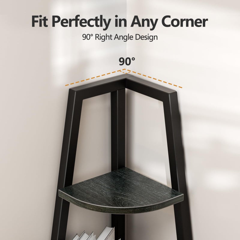 Furnulem 5 Tier Corner Shelf with LED Light, 67.2â€ Tall Standing Shelf for Wall Corner, Narrow Bookshelf Ladder Shelf for Bedroom, Living Room, Plant, Wood Storage Rack, Metal Frame (Black Oak) - Image 4