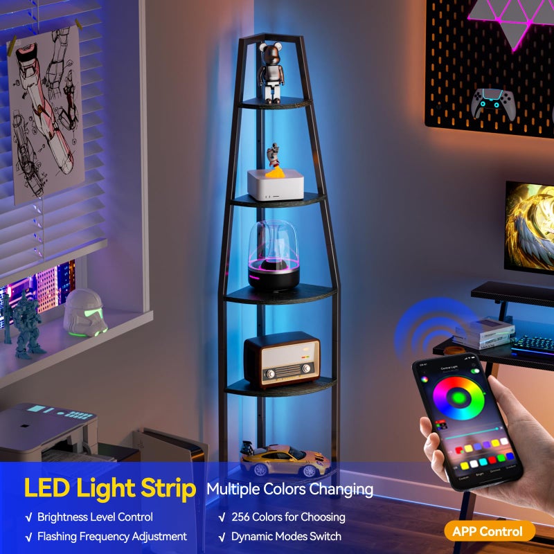 Furnulem 5 Tier Corner Shelf with LED Light, 67.2â€ Tall Standing Shelf for Wall Corner, Narrow Bookshelf Ladder Shelf for Bedroom, Living Room, Plant, Wood Storage Rack, Metal Frame (Black Oak) - Image 3