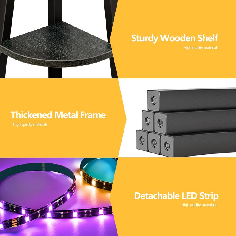 Furnulem 5 Tier Corner Shelf with LED Light, 67.2â€ Tall Standing Shelf for Wall Corner, Narrow Bookshelf Ladder Shelf for Bedroom, Living Room, Plant, Wood Storage Rack, Metal Frame (Black Oak) - Image 5