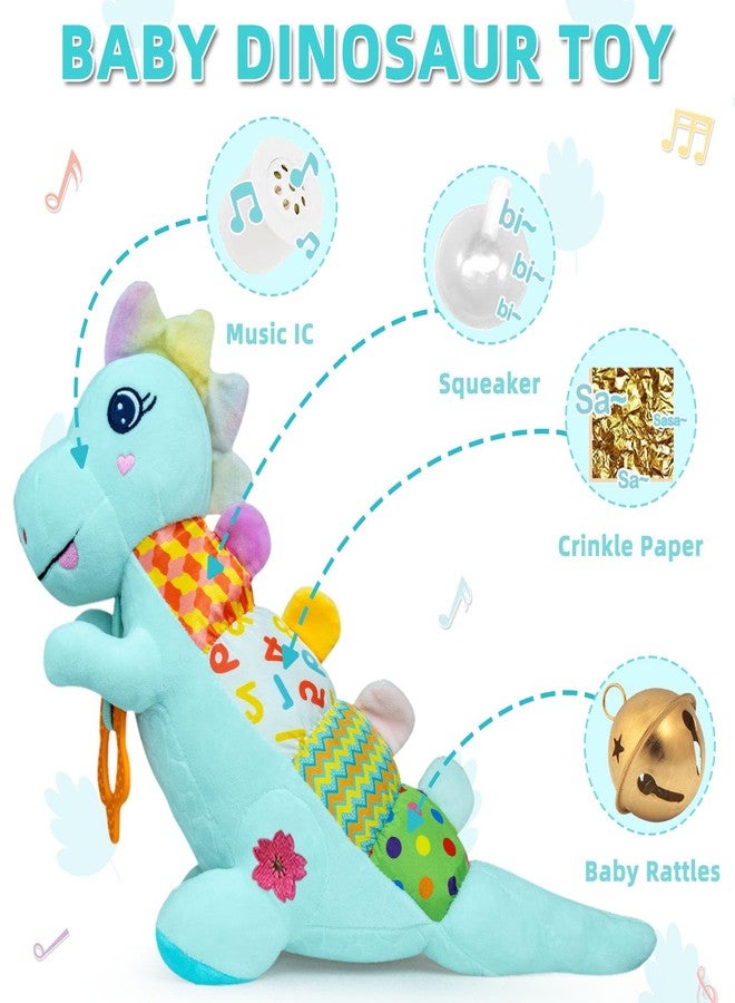 Ryotagift Baby Dino Musical Stuffed Animal Toys for 0-3-6-9-12 Months，Infant Dinosaur Tummy Time Toys with Crinkle Sound Paper,Teether，Textures & Rattles for Newborn Boys Girls Birthday Gifts，Blue - Image 3