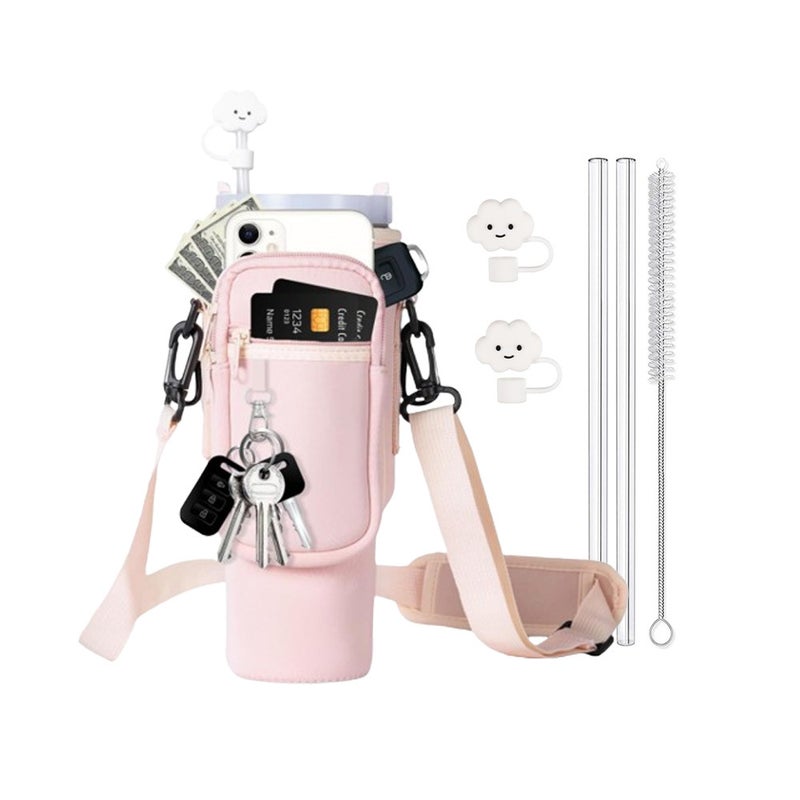 40oz Insulated Cup Sleeve with Car Handle, Cross-body Strap Pink suit 