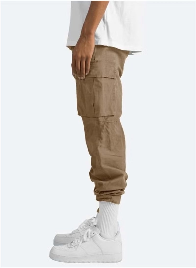 Huitich Men’s Casual Multi-Pocket Workwear Trousers – Khaki, Size L  - Image 2