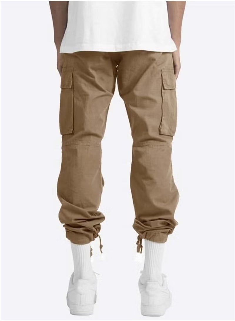 Huitich Men’s Casual Multi-Pocket Workwear Trousers – Khaki, Size L  - Image 1