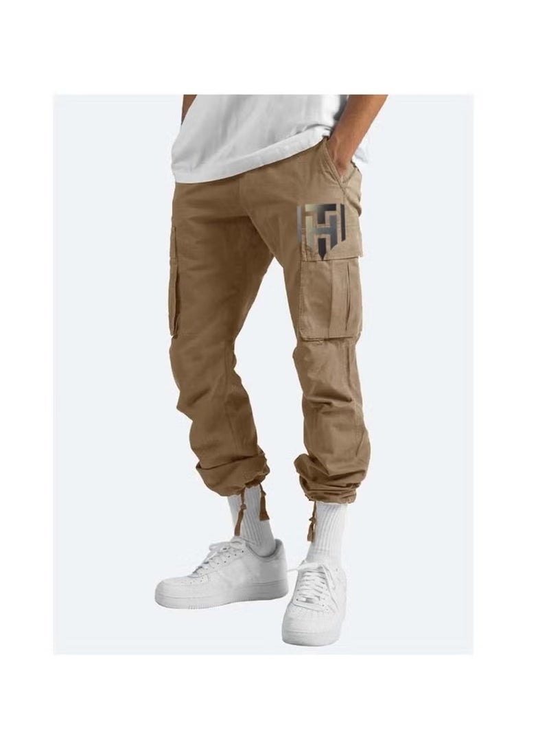Huitich Men’s Casual Multi-Pocket Workwear Trousers – Khaki, Size L  - Image 3