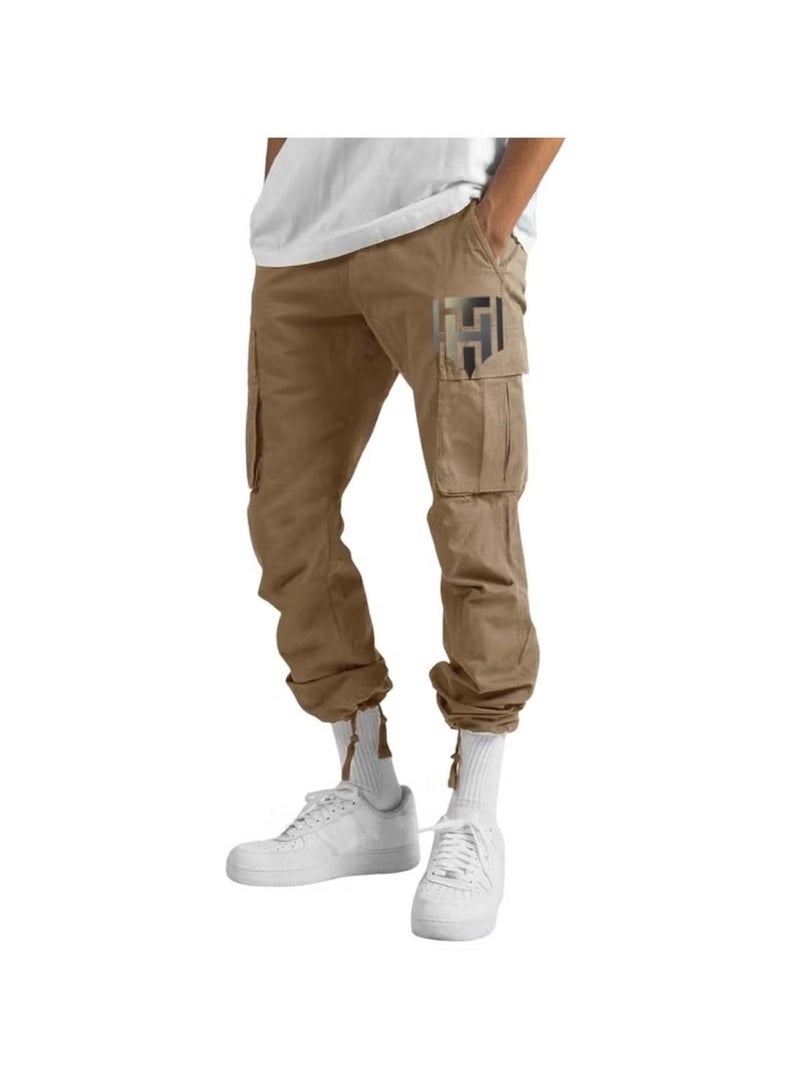 Huitich Men’s Casual Multi-Pocket Workwear Trousers – Khaki, Size L  - Image 4