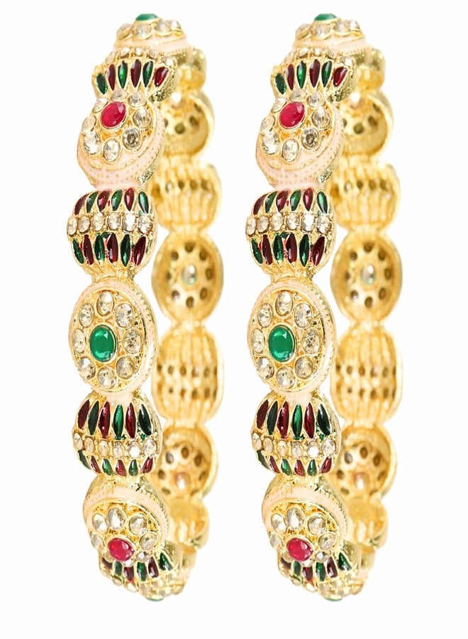 NMII Golden Metal Bangles Set with Red & Green Zircon Stones For Women & Girls | Kundan Stone Bangles | Bangles For Women Stylish | Kangan For Women Golden | Chudi Bangles Latest-(MAH118-Gold-2.8) - Image 1