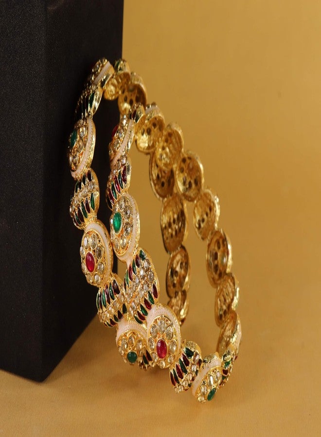 NMII Golden Metal Bangles Set with Red & Green Zircon Stones For Women & Girls | Kundan Stone Bangles | Bangles For Women Stylish | Kangan For Women Golden | Chudi Bangles Latest-(MAH118-Gold-2.8) - Image 3