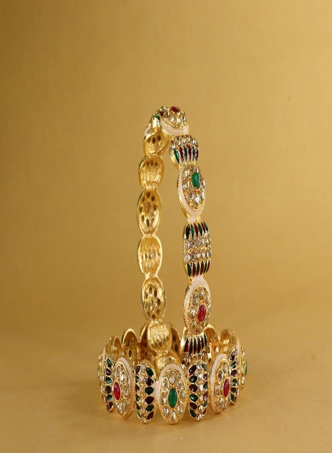 NMII Golden Metal Bangles Set with Red & Green Zircon Stones For Women & Girls | Kundan Stone Bangles | Bangles For Women Stylish | Kangan For Women Golden | Chudi Bangles Latest-(MAH118-Gold-2.8) - Image 2