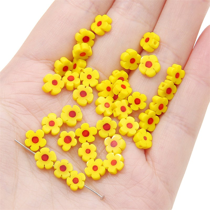 Handmade Flat Plum Blossom Glass Beads Vintage round Loose Beads for DIY Necklace Bracelet Earring Accessories Spacer Dark yellow