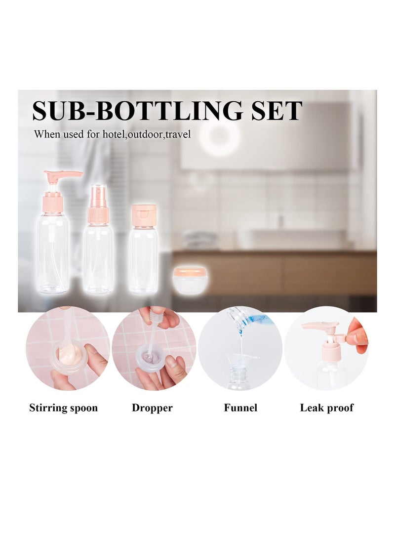 Travel bottle set for travel air travel bottling, leak proof refillable toiletry liquid container with storage bag for liquids, makeup and toiletries