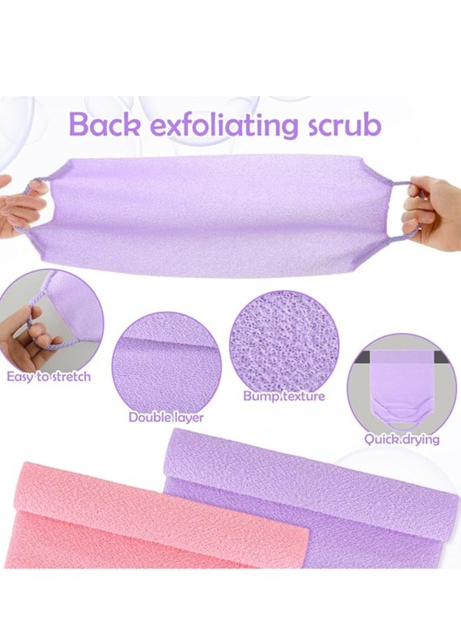 قطعتان من مقشر الظهر للاستحمام للنساء، مقشر للظهر بمقابض، منشفة مقشر للجسم، مقشر للظهر من النايلون، منشفة غسيل لإزالة الجلد الميت (وردي وأرجواني) - Image 4