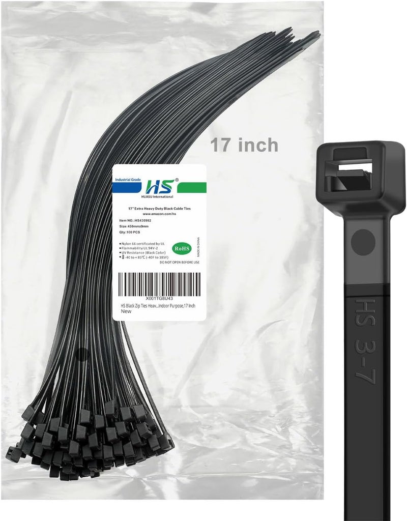 HS Wide Wire Ties Heavy Duty 17 Inch 100 Pcs 200 Pounds Strength,Black Zip Tie Straps Large UV Nylon Cable Zap Wraps Long,Outdoor Purpose - Image 1