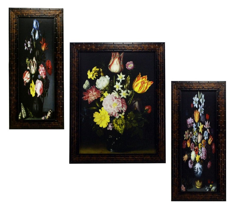 Indianara 3 PC Set of Floral Paintings (1086) Without Glass 5.2 X 12.5, 9.5 X 12.5, 5.2 X 12.5 INCH-Multicolour - Image 1
