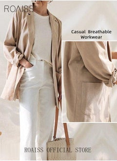 roaiss Casual Thin Linen Blazer Top for Women Long Sleeve Lightweight Spring Summer Loose Fit Style Jackets Ladies British Style Breathable Suit Jacket for Daily Commute Wear or Office  - Image 3