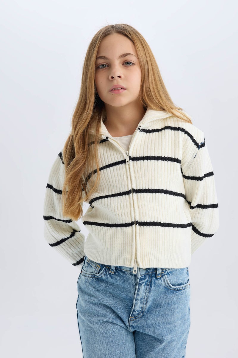 DeFacto Girl Striped Zippered Knitted Cardigan - Image 1