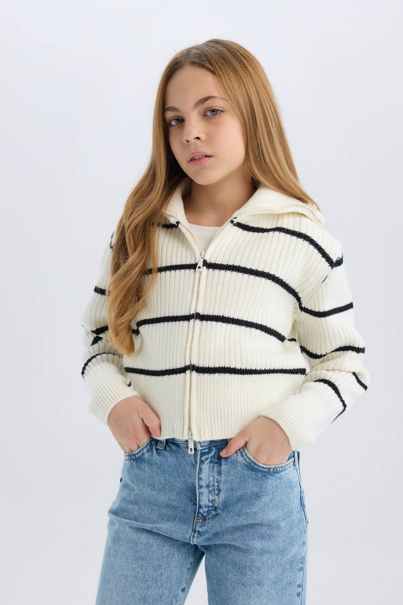 DeFacto Girl Striped Zippered Knitted Cardigan - Image 2