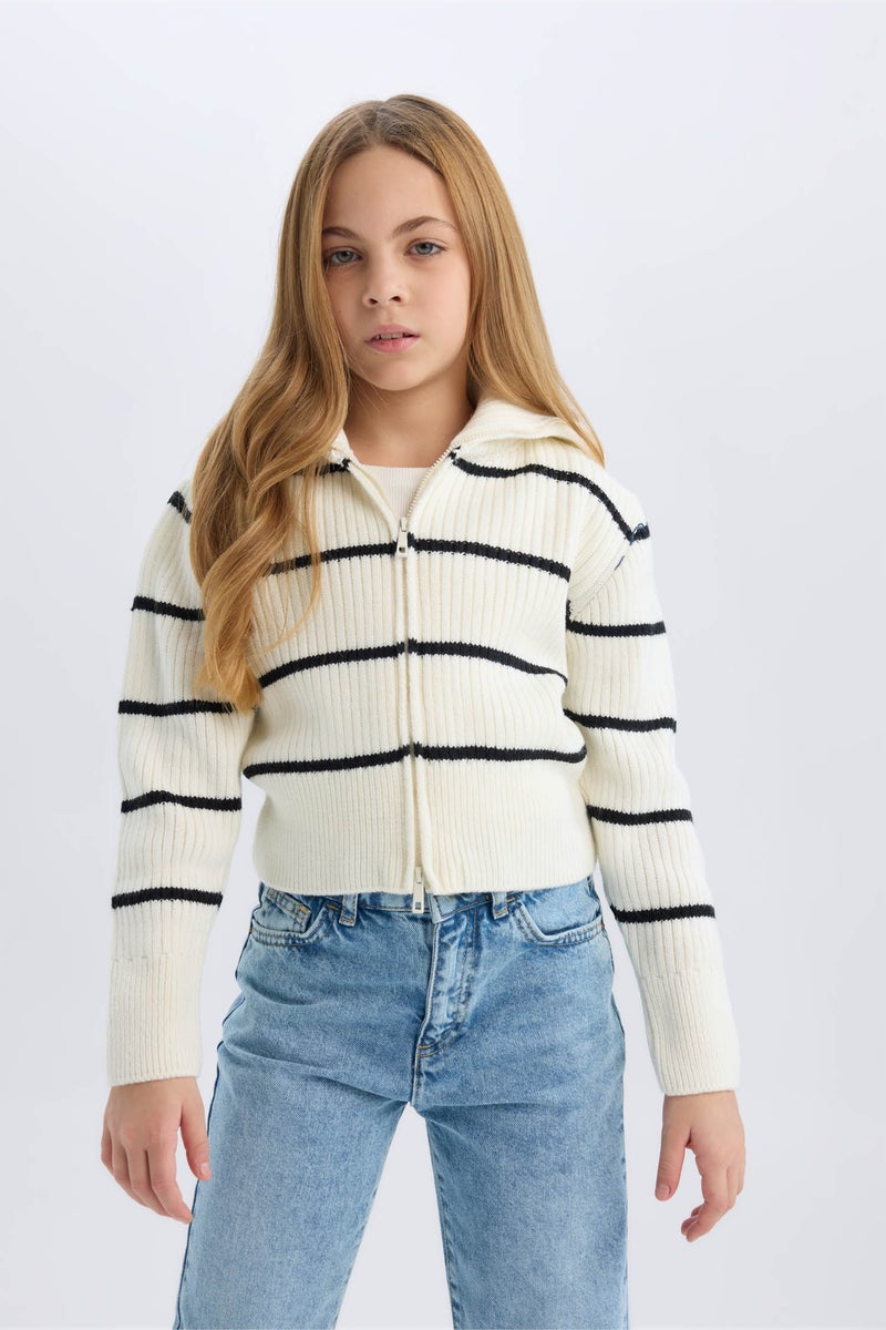 DeFacto Girl Striped Zippered Knitted Cardigan - Image 5