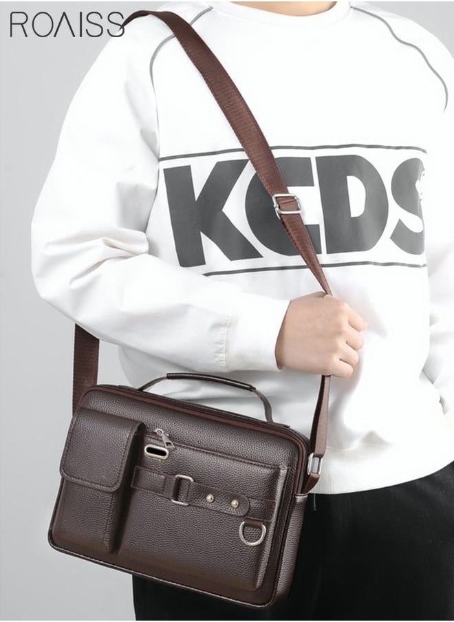 roaiss - Business Messenger Shoulder Bag PU Leather Retro Chic Handbag Casual Portable Zipper Crossbody/Shoulder Bag Husband Gift for Men Travel Work Office Dark Brown - Image 1
