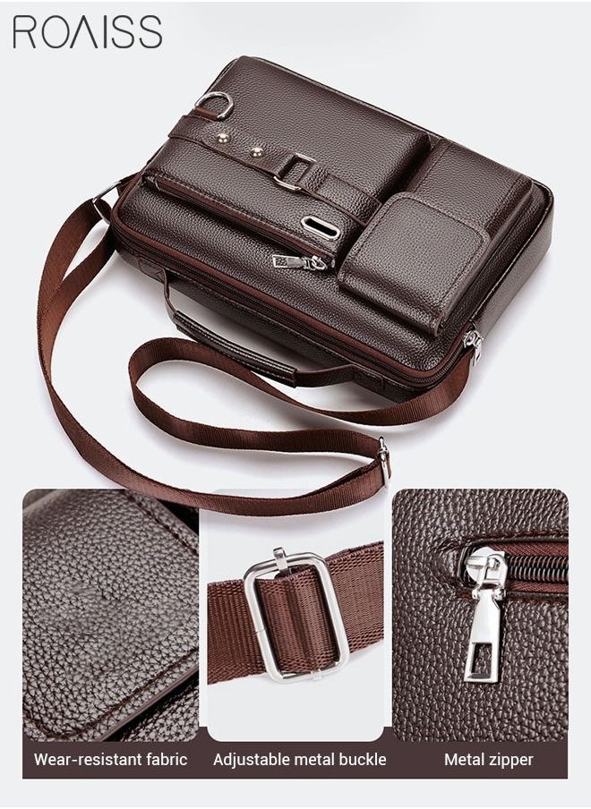 roaiss - Business Messenger Shoulder Bag PU Leather Retro Chic Handbag Casual Portable Zipper Crossbody/Shoulder Bag Husband Gift for Men Travel Work Office Dark Brown - Image 1