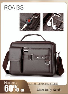 roaiss Business Messenger Shoulder Bag PU Leather Retro Chic Handbag Casual Portable Zipper Crossbody/Shoulder Bag Husband Gift for Men Travel Work Office Dark Brown  - Image 1