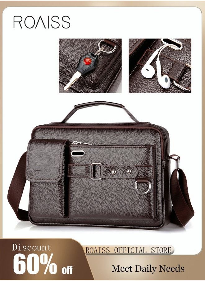 roaiss - Business Messenger Shoulder Bag PU Leather Retro Chic Handbag Casual Portable Zipper Crossbody/Shoulder Bag Husband Gift for Men Travel Work Office Dark Brown - Image 1