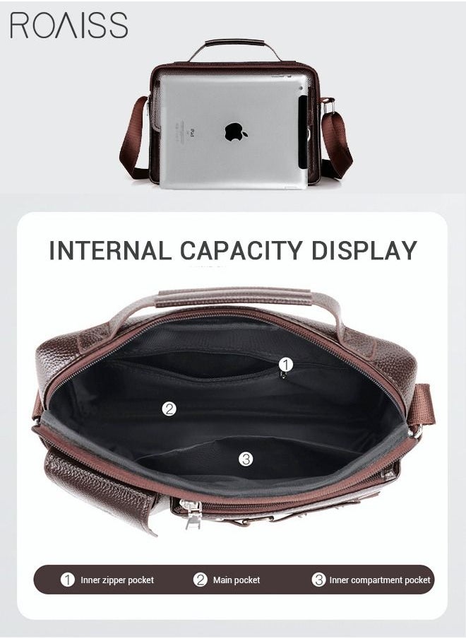 roaiss - Business Messenger Shoulder Bag PU Leather Retro Chic Handbag Casual Portable Zipper Crossbody/Shoulder Bag Husband Gift for Men Travel Work Office Dark Brown - Image 1