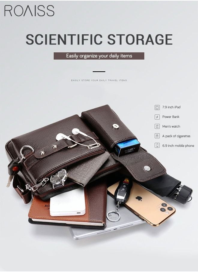 roaiss - Business Messenger Shoulder Bag PU Leather Retro Chic Handbag Casual Portable Zipper Crossbody/Shoulder Bag Husband Gift for Men Travel Work Office Dark Brown - Image 1