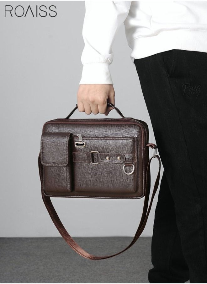 roaiss - Business Messenger Shoulder Bag PU Leather Retro Chic Handbag Casual Portable Zipper Crossbody/Shoulder Bag Husband Gift for Men Travel Work Office Dark Brown - Image 1