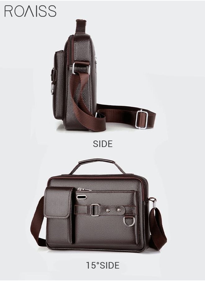 roaiss - Business Messenger Shoulder Bag PU Leather Retro Chic Handbag Casual Portable Zipper Crossbody/Shoulder Bag Husband Gift for Men Travel Work Office Dark Brown - Image 1