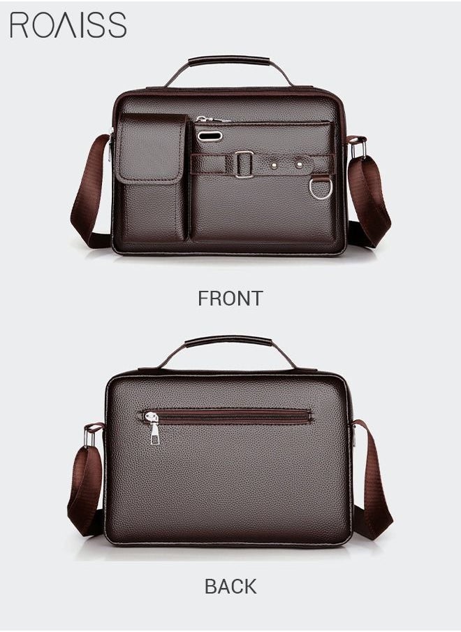 roaiss - Business Messenger Shoulder Bag PU Leather Retro Chic Handbag Casual Portable Zipper Crossbody/Shoulder Bag Husband Gift for Men Travel Work Office Dark Brown - Image 1