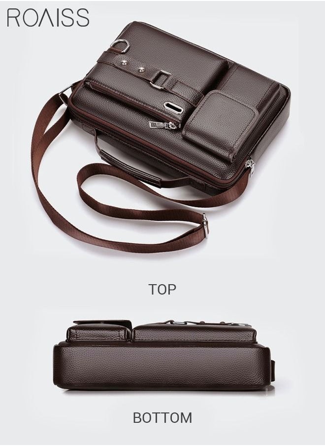 roaiss - Business Messenger Shoulder Bag PU Leather Retro Chic Handbag Casual Portable Zipper Crossbody/Shoulder Bag Husband Gift for Men Travel Work Office Dark Brown - Image 1