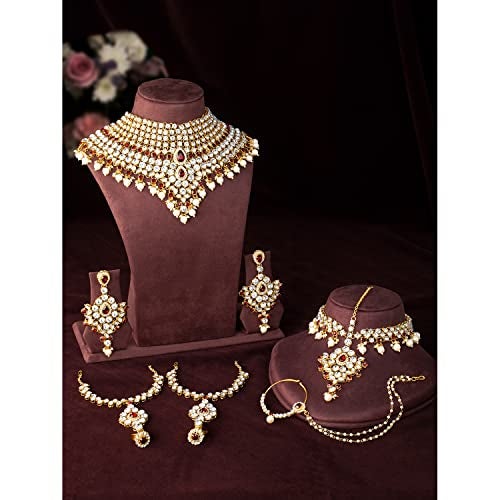 Aheli Beautiful Bridal Choker Necklace Matha Patti Nose Ring Haath Phool Set Ethnic Wedding Fashion Jewelry Gift for Indian Women Maroon - Image 3