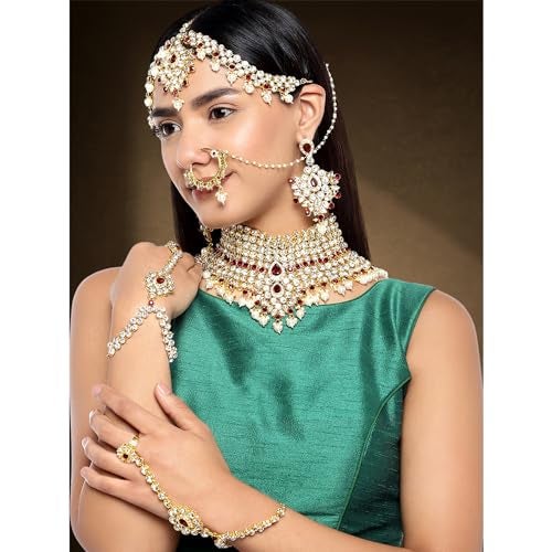 Aheli Beautiful Bridal Choker Necklace Matha Patti Nose Ring Haath Phool Set Ethnic Wedding Fashion Jewelry Gift for Indian Women Maroon - Image 2