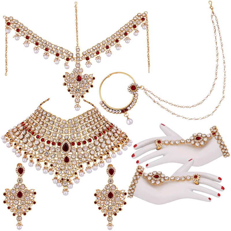 Aheli Beautiful Bridal Choker Necklace Matha Patti Nose Ring Haath Phool Set Ethnic Wedding Fashion Jewelry Gift for Indian Women Maroon - Image 4
