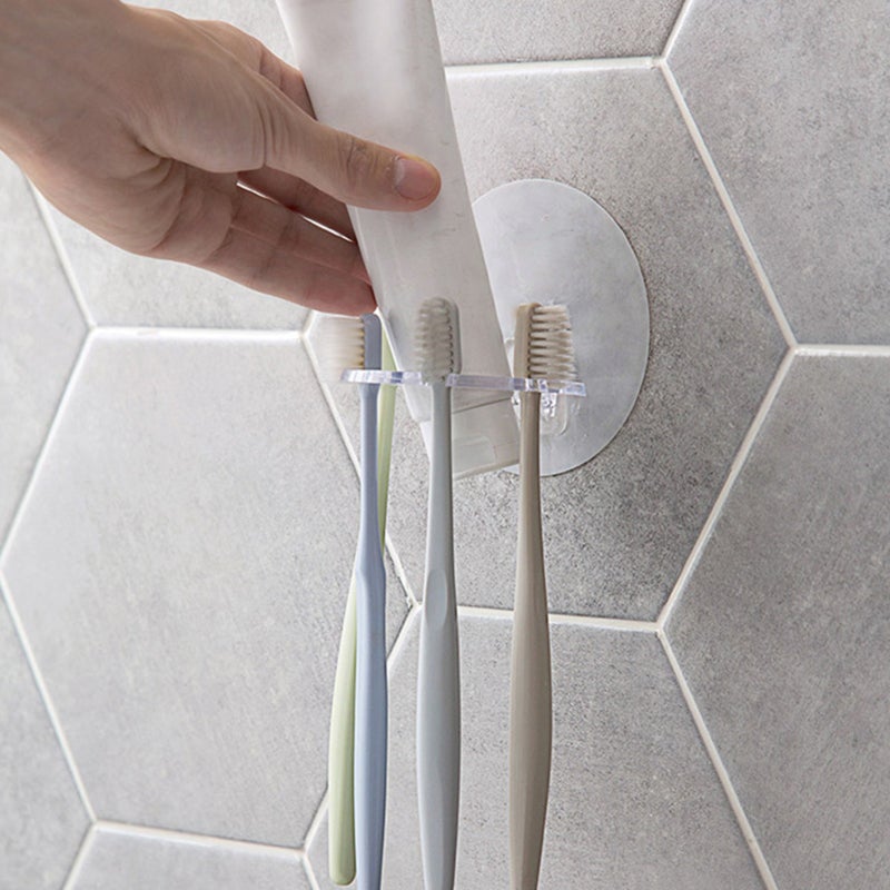 Self-adhesive Disc Toothbrush Holder: White PVC + PS Waterproof 4-slot Compact - Space-saving Disc Toothpaste Organiser for Family Bathroom Countertop Wall Mirror - Image 4