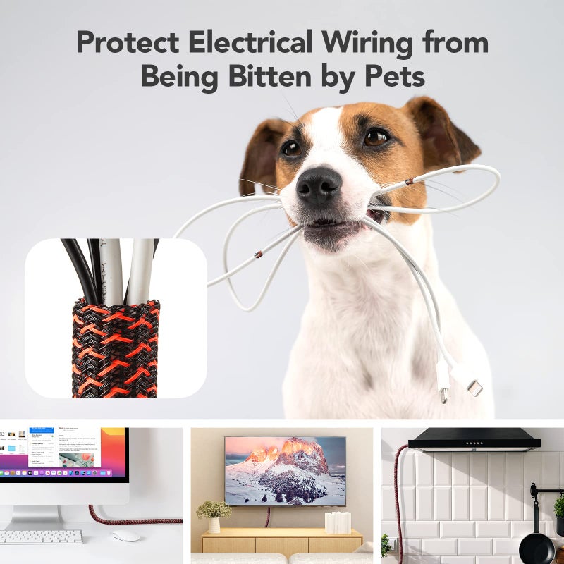 AGPTEK Cable Sleeve Cover, 10ft - 1.2 inch Desk Cord Organizer Cable Hider, Home Office Wire Management Computer TV Wire Loom Tubing, Pet Proof Cord Protector, from Cat Dog Chewing, BlackRed - Image 4