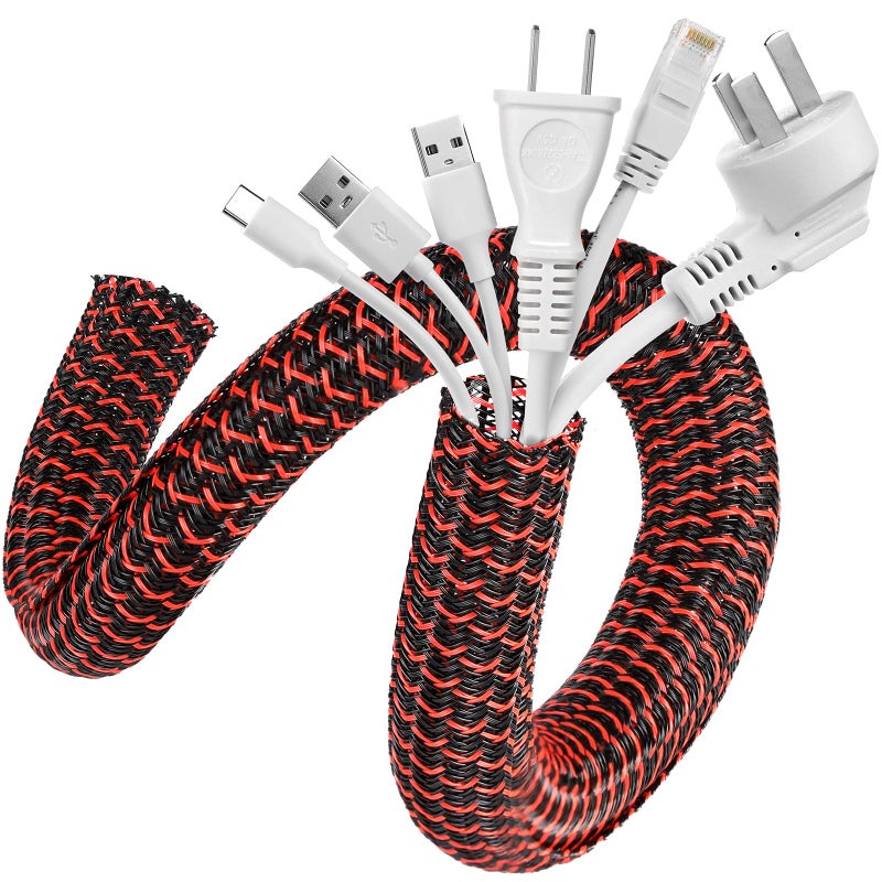 AGPTEK Cable Sleeve Cover, 10ft - 1.2 inch Desk Cord Organizer Cable Hider, Home Office Wire Management Computer TV Wire Loom Tubing, Pet Proof Cord Protector, from Cat Dog Chewing, BlackRed - Image 1