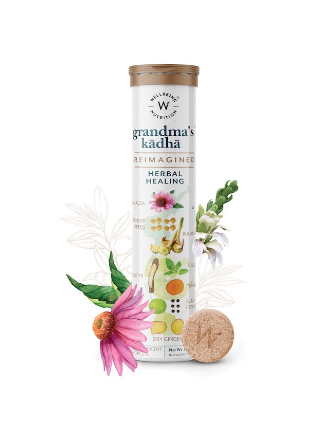 WELLBEING NUTRITION Grandma's Kadha with Ayurvedic Herbs | Cold, Cough & Sore Throat Relief | Tulsi, Amla, Turmeric, Ginger, Mulethi, Adulsa | Immunity Booster for Adults, 15 Effervescent Tablets - Image 1