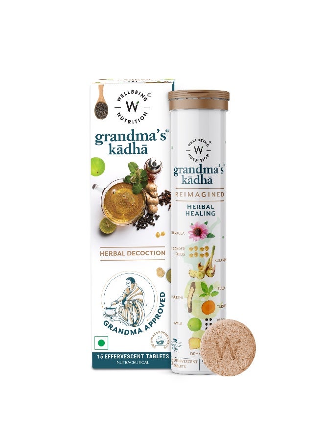 WELLBEING NUTRITION Grandma's Kadha with Ayurvedic Herbs | Cold, Cough & Sore Throat Relief | Tulsi, Amla, Turmeric, Ginger, Mulethi, Adulsa | Immunity Booster for Adults, 15 Effervescent Tablets - Image 2