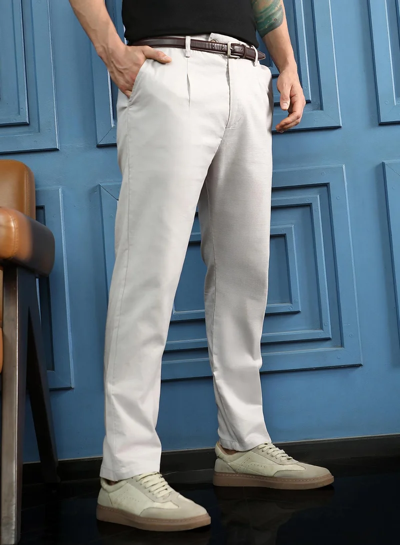 Men Pleated Tailored-Fit Trousers | Mid-Rise, Italian-Fit | Extended-Button Closure, Straight Hem | Solid Plain | Woven Fabric For Office & Casual Wear | Light Grey