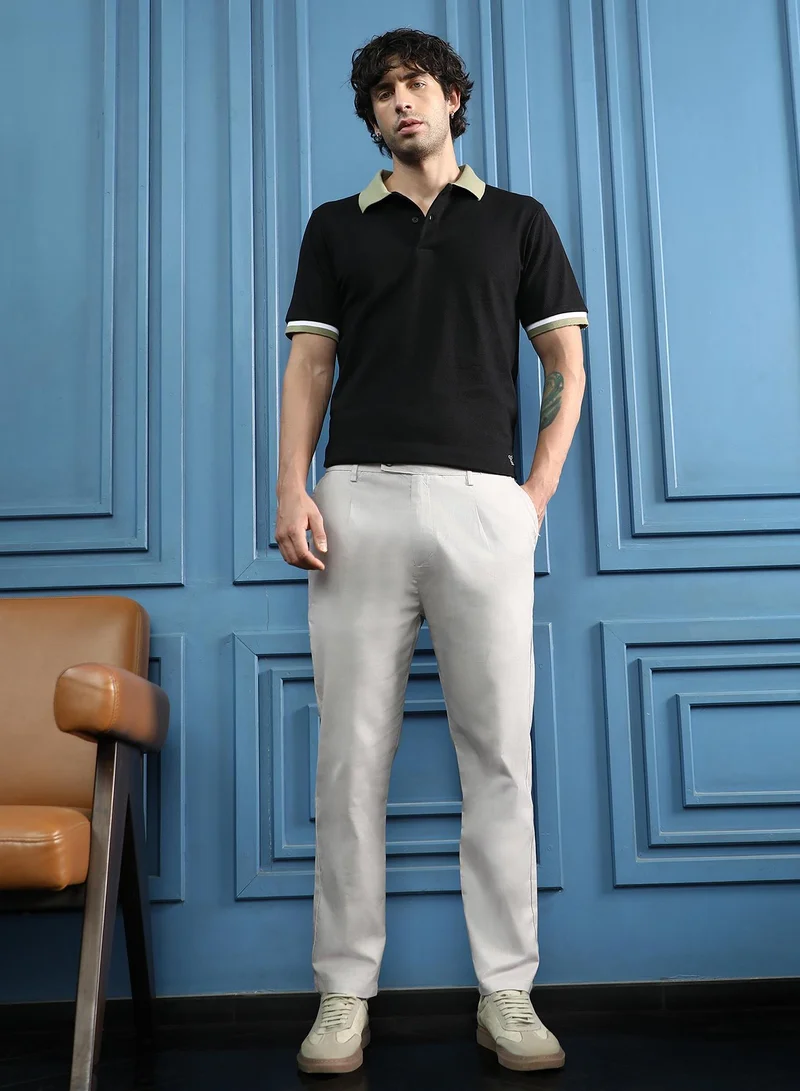 Campus Sutra  Men Pleated Tailored-Fit Trousers | Mid-Rise, Italian-Fit | Extended-Button Closure, Straight Hem | Solid Plain | Woven Fabric For Office & Casual Wear | Light Grey for Men | Best Price UAE