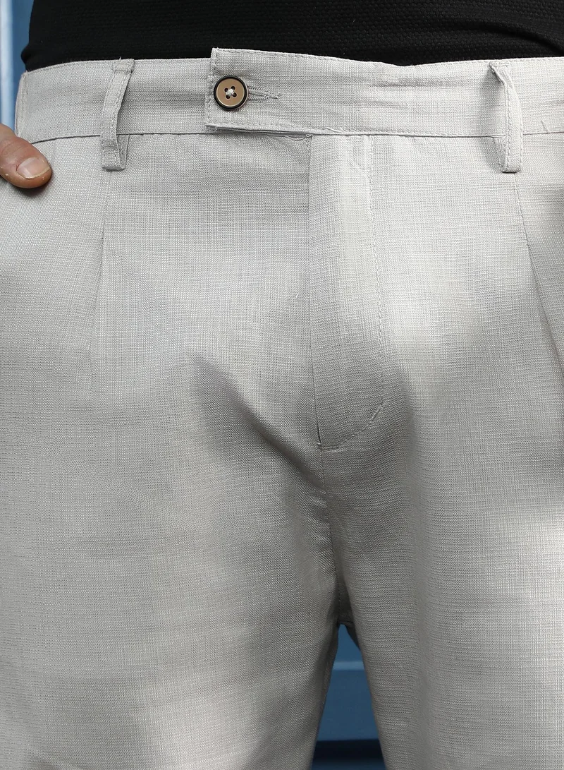 Campus Sutra  Men Pleated Tailored-Fit Trousers | Mid-Rise, Italian-Fit | Extended-Button Closure, Straight Hem | Solid Plain | Woven Fabric For Office & Casual Wear | Light Grey for Men | Best Price UAE